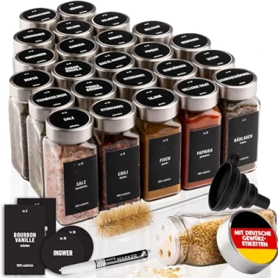 Image of Deco haus® Spice Jars Square Airtight Set of 24 [Includes Labels &amp; Shaker Insert] Glass Container Storage Organiser
