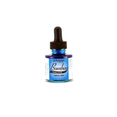 Image of Bombay India Ink, 1.0 oz, Turquoise (20BY) Highly Pigmented, Lightfast, Permanent, Waterproof for Brush, Drawing Pen or Airbrushes