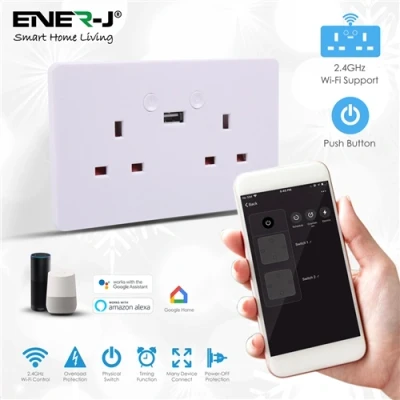Image of Ener J Smart Wi Fi 13A Twin Wall Sockets with single USB. Push button