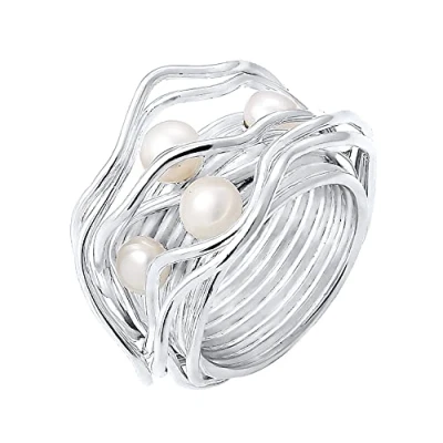Image of Nenalina 721058 542 Women&#039;s Pearl Ring with 2 Freshwater Pearls 4 mm and 5 in White Handmade 925 Sterling Silver Gold Plated, Silver,