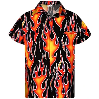 Image of King Kameha Funky Hawaiian Shirt, Men, Shortsleeve, Flames Wild, Orange, XL