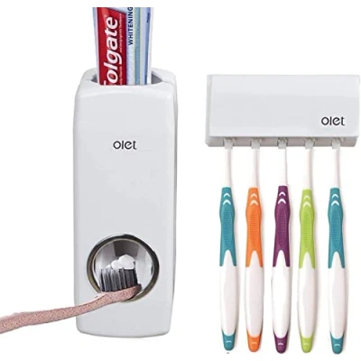 Image of TOWOMO Olet Automatic Toothpaste Dispenser, Squeezing and Tooth Brush Holder Set(5 Brushs Set). White