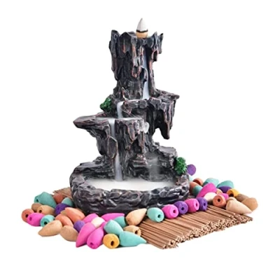 Image of XUDREZ Mountain Waterfall Backflow Incense Burner, Holder Censer with 20pcs Cones + 30pcs Sticks