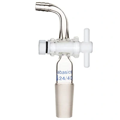 Image of Labasics Flow Control Adapter with PTFE Stopcock, 24/40 Joint and Bent Hose Connection for Lab Supply