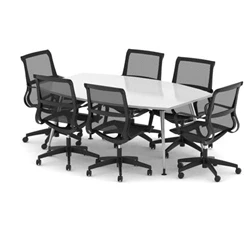 Image of High Gloss 1800mm Writable Boardroom Table White + 6 Mesh Chairs