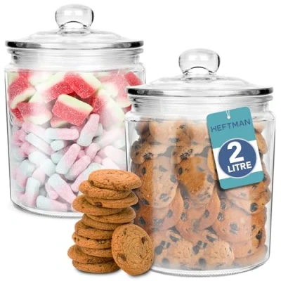 Image of HEFTMAN Glass Jar with Lid 2 x Litre Clear, Empty Sweet Jars Airtight Push Top Sturdy Apothecary for Sweets, Coffee, Sugar, Laundry Pods Storage Container (2 Pack)