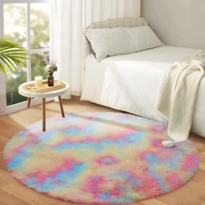 Image of Hafaa Round Rugs Living Room Rainbow Area for Bedroom 120x120cm Anti Slip Modern Super Soft Thick Pile Fluffy Shaggy Rug Plush Carpet Non Shedding Easy To Clean
