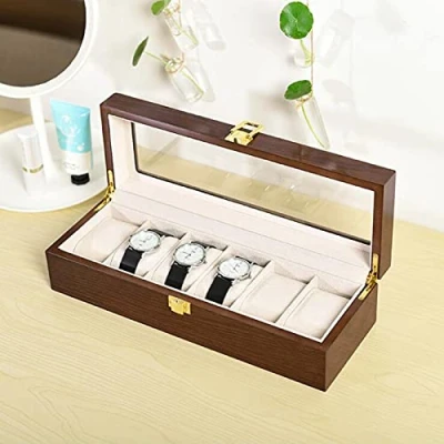 Image of Guolich Watch Storage Box Display Holder Case Brown Solid Wooden Jewelry Bracelet Collection Organiser with Glass Lid (6 Slots)