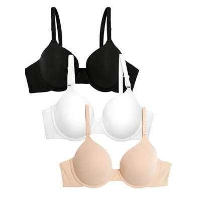 Image of Fruit of the Loom Women&#039;s T Shirt Bra, Opaque, Black Hue/Sand/White, 36B (Pack 3)
