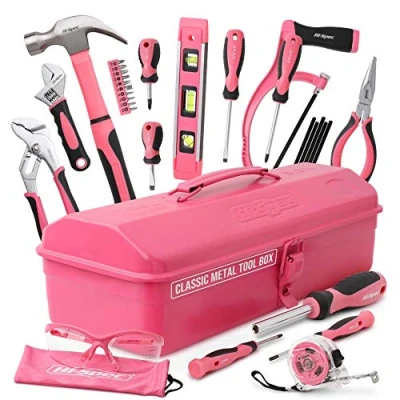 Image of Hi Spec 33pc Pink Beginner Tool Kit Set &amp; Metal Box. Complete Real Hand Tools for DIY Starter Kids. Beginners