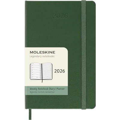 Image of Moleskine Weekly Planner, 2026 Agenda 12 Months With Space For Notes, Hard Cover and Elastic Closure, Pocket Size 9x14, Green Color