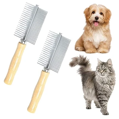 Image of 2 Pcs Pet Comb Dog Grooming Stainless Steel Double Sided Flea with Wooden Handle for Medium and Large Pets