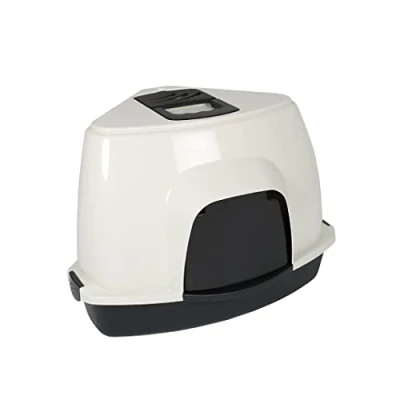 Image of EBI Prism Cat Litter Tray 60 Zen Series M 38 x 56 40 cm, White, with Non Slip Feet, Black Semi Transparent Door and Handle, Carbon Filter that Absorbs Odours, Made of Plastic