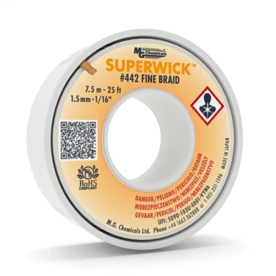 Image of MG Chemicals Desoldering Braid #2 Fine Super Wick with RMA Flux, 25&#039; Length x 0.05&quot; Width, Yellow