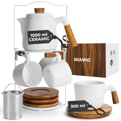 Image of MIAMIO 1000 ml Ceramic Tea Pot Set with Infuser and Cups/Tea Strainer, 4 Mugs (300 ml), Bamboo Saucers/Handle for Home Office (White)