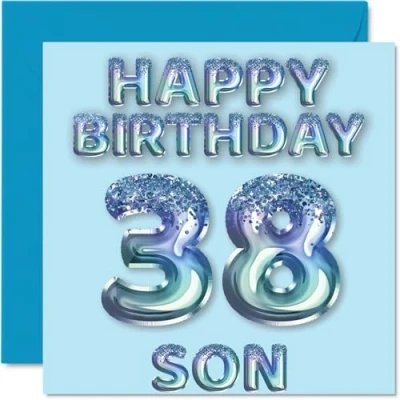 Image of 38th Birthday Card for Son Blue Glitter Party Balloons Happy Cards 38 Year Old from Mum Dad Parents, 145mm x Bday Greeting Gift
