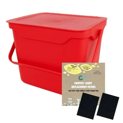 Image of Easy Eco Red Kitchen Compost Caddy/Food Recycling Waste Bin 5 Litre (5L) &amp; 1 x Pack of 2 Filters