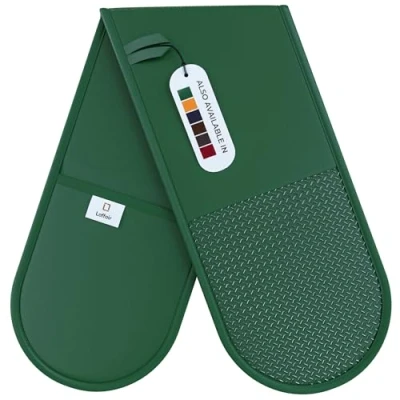 Image of Green Oven Gloves Double by Laffair® Kitchen Accessories Non Slip Silicon Grip Glove Green, Heat Resistant