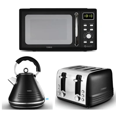 Image of Tower Ash Black 1.7L 3KW Pyramid Kettle, 4 Slice Toaster &amp; T24041BLK 800W 20L Digital Microwave. Contemporary Matching Microwave Set in with Chrome, TWRASHKT4T24041BLK