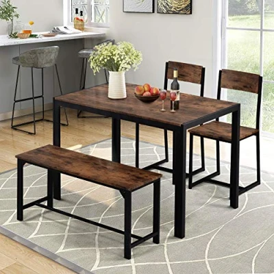 Image of Kitchen Dining Table and Chairs Set of 2 with 1 Bench, Garden Bench Home Furniture Room Furniture, Solid &amp; Sturdy Metal Frame Industrial, Rustic Brown