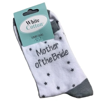 Image of WHITE COTTON CARDS MOTHER OF THE BRIDE SOCKS WITH GLITTER THREAD Novelty Socks. Size UK Adults 4 7 (SK45)