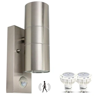 Image of HiBay LED Outdoor Light with Motion Sensor, Wall Stainless Steel, IP44 Lamp, Up Down Lamp 2x GU10 Lamps, Warm White