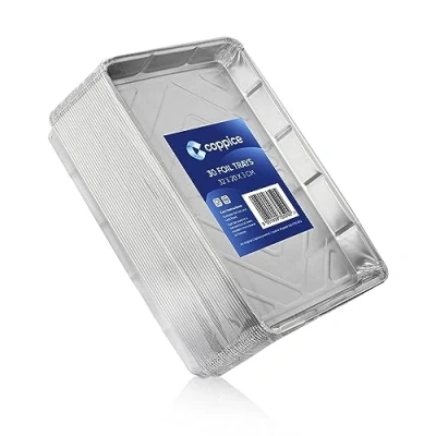 Image of Coppice Aluminium Foil Tray for Baking, BBQ, Roasting, Grilling &amp; Food Storage 32cm x 20cm 3cm Freezer, Microwave Oven Safe (30 Trays)