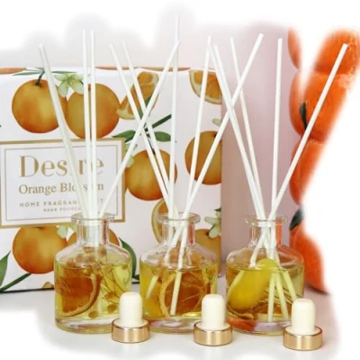 Image of Set Of 3 Orange Blossom Fragranced Reed Diffusers 50ml Hand Poured Dried Flowers