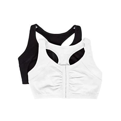 Image of Fruit of the Loom Women&#039;s Front Close Builtup Sports Bra, Black Hue/White, 40 (Pack 2)