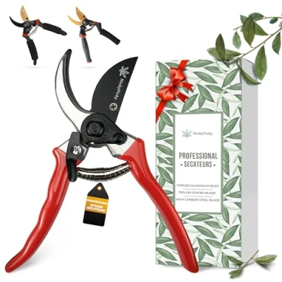 Image of NickyPicky Garden Secateurs High Carbon Steel, Bypass Ergonomic Handle with Strong Grip, &amp; Pruning Scissors for Trimming Pruners, Healthy Plant Growth Red