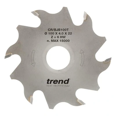 Image of Trend Biscuit Jointer Saw Blade, 100mm Diameter, 22mm Bore, 6 Teeth, TCT, 4mm Kerf, Zero Hook, CR/BJB100