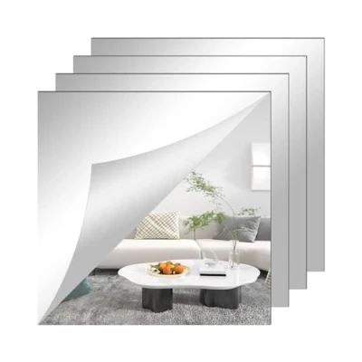 Image of TSKDKIT Large Self Adhesive Mirrors Sheets 2mm Thickened Acrylic Mirror Tiles 30 x 30cm Non Glass High Clear for Bathroom, Bedroom, Door etc(4Pcs)