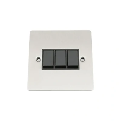Image of Light Switch 3 Gang Satin Matt Chrome Flat Black Insert Plastic 10 Amp Triple 2 Way