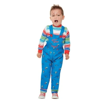 Image of Smiffys Chucky Costume in Blue for Kids, Dungarees and Top, Officially Licensed, Iconic Striped Ideal Halloween Matching Family Fancy Dress
