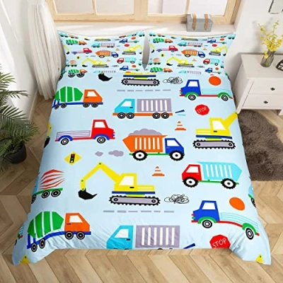 Image of Cartoon Construction Bedding Set Equipment Trucks Comforter Cover for Kids Teens Car Excavator Tractor Duvet Vehicles Bedspread Room Decor Single Size