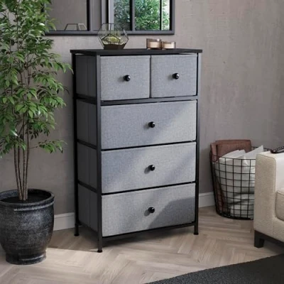 Image of Vida Designs Chorley Chest of Drawers with Sturdy Metal Frame, Wood Top, and Fabric Drawers, Easy to Assemble Versatile Storage Unit for Bedroom, Living Room, or Nursery (Grey &amp; Black, 5 Drawer)