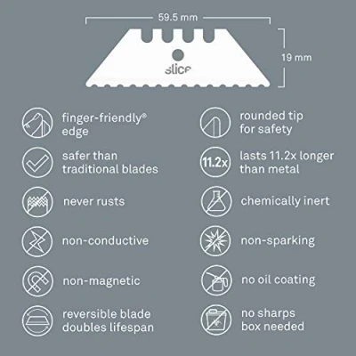 Image of Slice 10523 Serrated Utility Knife Replacement Blades, Finger Friendly, Heavy Duty Dual Edge Ceramic Safety Blades with A (Pack of 2)