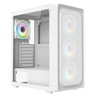 Image of CiT Orion White Airflow Mid Tower PC Gaming Case ATX with Front Mesh Panel &amp; Tempered Glass Side 4 x Tornado Infinity 120mm ARGB Dual Ring Fans Included