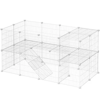Image of SONGMICS 2 Floor Metal Pet Playpen, 36 Grid Panels, Customisable Cage Enclosure for Small Animals, Guinea Pigs Hamster Runs, Rabbit Hutches, Includes Mallet, Indoor Use, 143 x 73 71 cm, White LPI02W