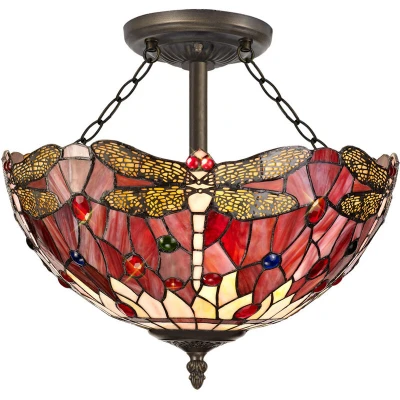 Image of LITECRAFT Tiffany by Tiff 3 Light 40 cm Dragon Fly Semi Flush Ceiling in Red and Antique Brass