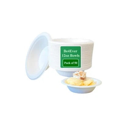 Image of Be4Ever 50 Pack Disposable Paper Bowls 12oz Eco Friendly, Sugarcane White Biodegradable, Compostable Soup for Dessert Christmas Party BBQ Picnic (12oz (Pack of 50)
