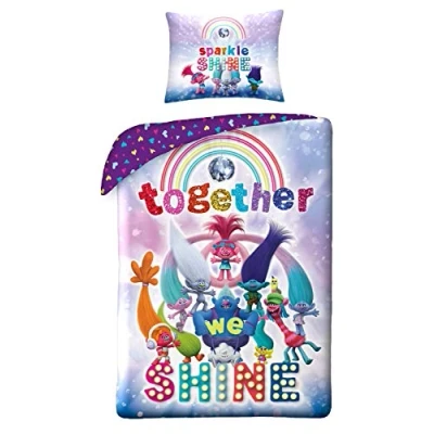 Image of Halantex Trolls Reversible Bedding Set 2 Piece 100% Cotton Duvet Cover 140 x 200 cm Pillowcase 70 90 Children&#039;s Bed Linen World Tour Poppy Branch