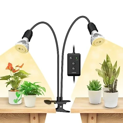 Image of SANSI 300W LED Grow Lights for Indoor Plants, Lifetime Free E27 Bulb Replacement, Full Spectrum 2 Gooseneck Clip Plant Lamp with Timer 4/8/12 Hrs Seedlings Growing Black