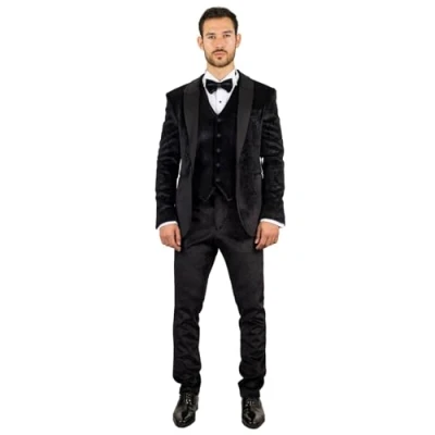Image of Men&#039;s Suit 3 Piece Black Velvet Paisley Shawl Collar Tailored Fit Wedding Tuxedo 44