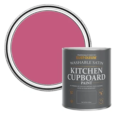 Image of Rust Oleum Pink Scrubbable Kitchen Cupboard Paint in Satin Finish Raspberry Ripple 750ml