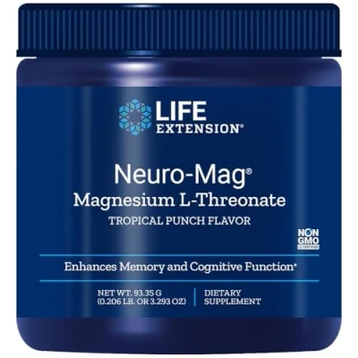 Image of Life Extension, Neuro Mag, Magnesium L Threonate, Minerals, Muscle Cramps, Tropical Punch, 93.35g Powder, Nutritional Supplement, Vegan, Gluten Free, Soy Free