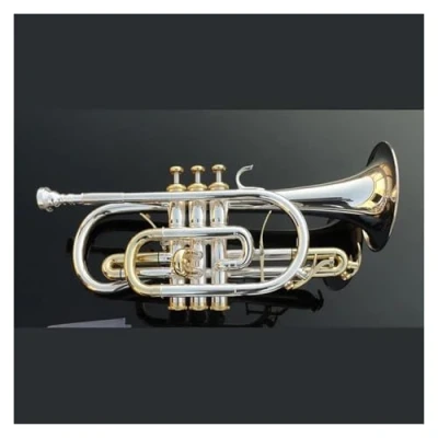 Image of Cornet Bb B Flat Trigger Brass Instrument With Hard Case, Mouthpiece, Cloth And Gloves, Silver Plated
