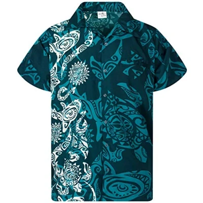 Image of King Kameha Classic Modern Hawaiian Shirt for Men Front Pocket Casual Aloha Shirts, Maori Wedding, Petrol Green, L