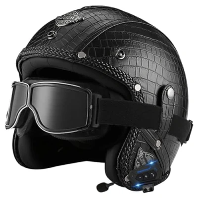 Image of Motorbike Open Face Bluetooth Helmet Retro Jet Motorcycle Leather Adult Half with Fashion Goggles ECE Approved Men&#039;s and women&#039;s 3/4 helmets Moped Scooter 6,S(55 56CM)