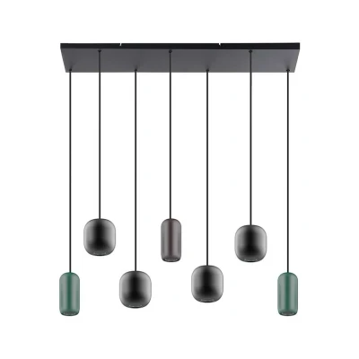 Image of Lucande hanging light Narion, linear, black/brown/green, 7 bulb